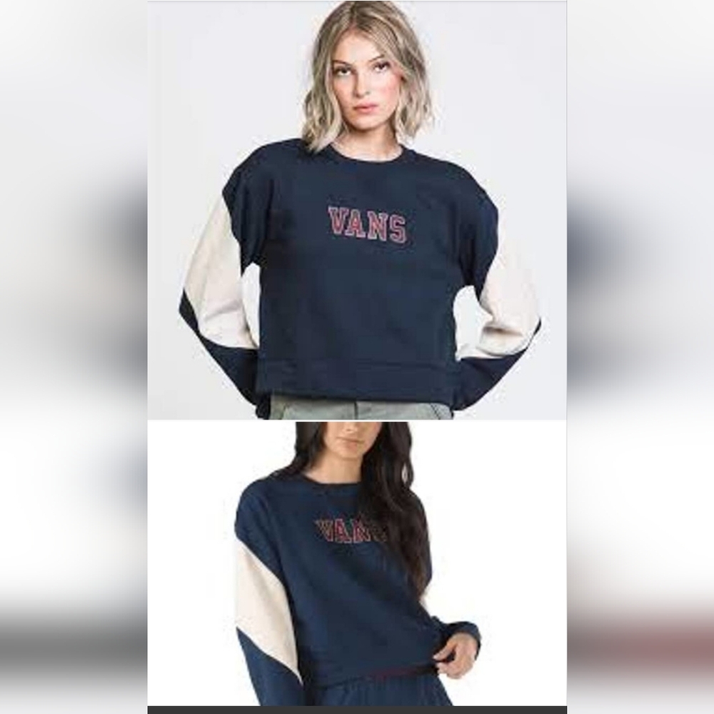 Vans Womens XL Navy Blue Cream Academy Crop Crew Neck Sweatshirt Cotton Contrast